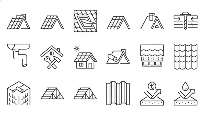 Roofing Construction, Repair, Renovation, and Insulation Line Icons Set © Minhajul