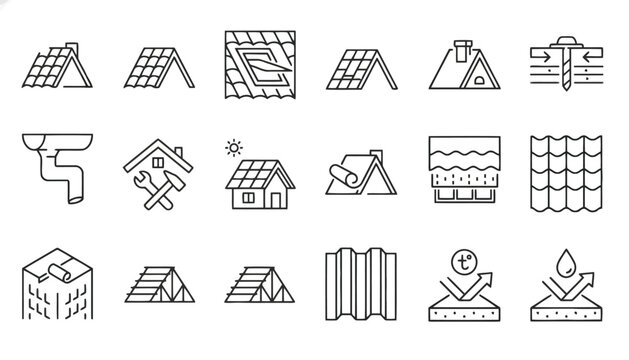 Roofing Construction, Repair, Renovation, and Insulation Line Icons Set