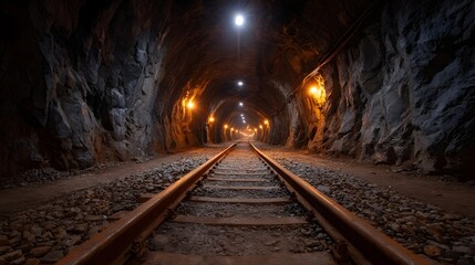 Naklejka premium Dimly lit railway tunnel with rough stone walls and tracks leading into the distance