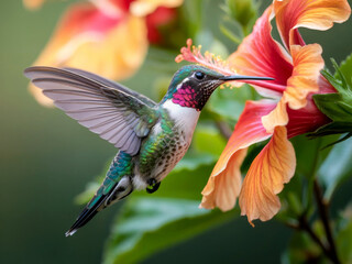 Obraz premium Hummingbird Flying Hovering and Feeding on Flower – Sharp Wildlife Macro Photo