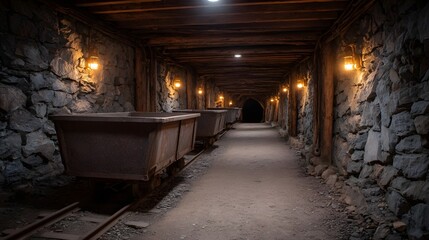 A mysterious underground mine tunnel with old carts on railway tracks illuminated by vintage lamps