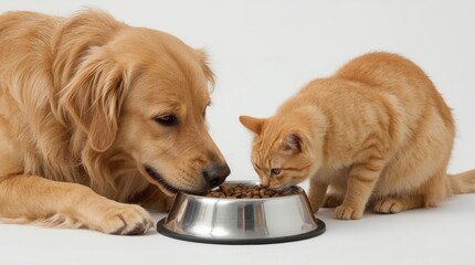 Happy Golden Retriever and Orange Cat Eating Together – Clean Commercial Pet Photo
