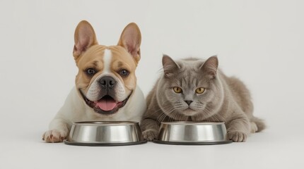 Happy French Bulldog and British Shorthair Eating Together – Bright Studio Commercial Image