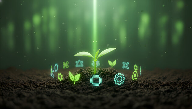 Sustainable Growth Concept with Glowing Sprout & Digital Icons in Rich Soil. Environmental Innovation & Future Development.