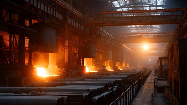 Industrial forge with molten metal casting and glowing sparks under intense heat
