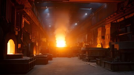 Intense heat and glowing molten metal erupt from massive furnaces in a vast industrial metal production facility
