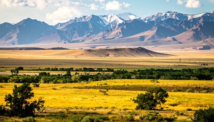 Vast Mountain Landscape with Golden Fields and Green Trees.