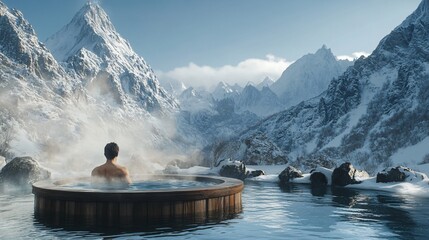 Steaming Hot Tub Retreat in a Snowy Alpine Valley