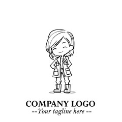 Black and White Chibi Girl Standing in Jacket, Pants, and Boots. Simple Bold Vector Illustration
