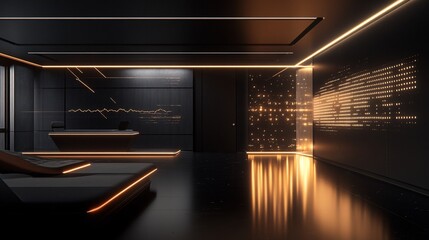 Futuristic Dark Command Room with Glowing Data Display