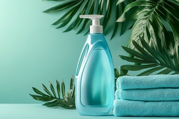 Cleaning agent and fabric softener products displayed on a background designed for laundry business advertisements or product design. This mockup showcases eco-friendly packaging, Generative AI