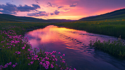 Vibrant Sunset Reflection on a Flowing Meadow River