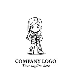 Black and White Chibi Girl Standing in Jacket, Pants, and Boots. Simple Bold Vector Illustration
