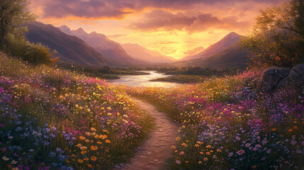 Mountain Valley Path Through Vivid Wildflower Meadow