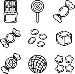 Magical Candy Kingdom Outline Icons Set  Chocolate, Lollipops, and Sugary Treats