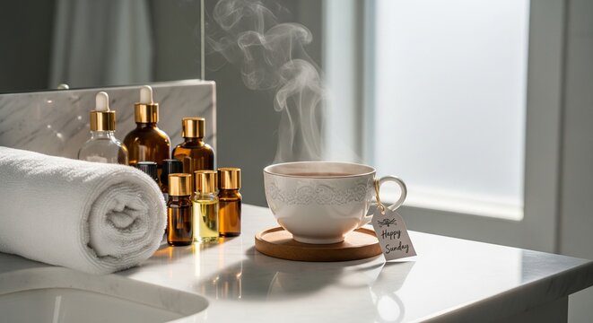 Minimal bathroom flat-lay with towel, oils, and Happy Sunday tag - Powered by Adobe