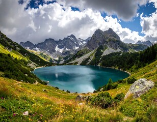 A scenic panoramic view of a mountain lake nestled in a valley, framed by lush greenery under a cloudy sky