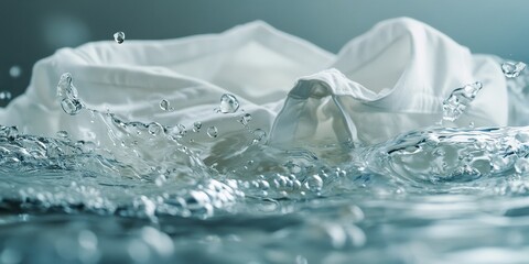 Detailed close-up of a white shirt submerged in water, with a focus on laundry activities. The background features laundromat services and product focus on bleach or fabric softeners, Generative AI