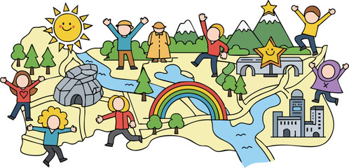 Whimsical Cartoon Map Adventure With Diverse People Celebrating And Exploring Nature And Cityscapes Under A Smiling Sun And Rainbow