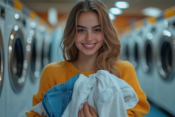 Portrait of a woman holding a laundry pile of freshly cleaned clothes in a laundromat, symbolizing household chores, fabric softener, and the joy of clean clothing. This scene captures, Generative AI