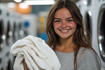 Portrait of a woman holding a laundry pile of freshly cleaned clothes in a laundromat, symbolizing household chores, fabric softener, and the joy of clean clothing. This scene captures, Generative AI