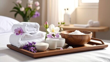 Spa massage table with towels and bath salts for relaxation.