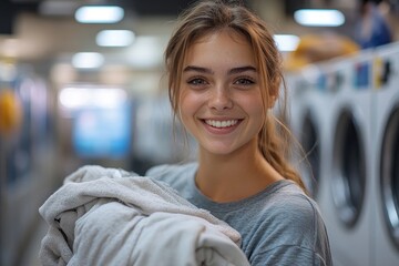 Portrait of a woman holding a laundry pile of freshly cleaned clothes in a laundromat, symbolizing household chores, fabric softener, and the joy of clean clothing. This scene captures, Generative AI