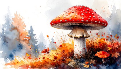 Vibrant Watercolor Painting of a Fly Agaric Mushroom in an Autumn Forest Setting.