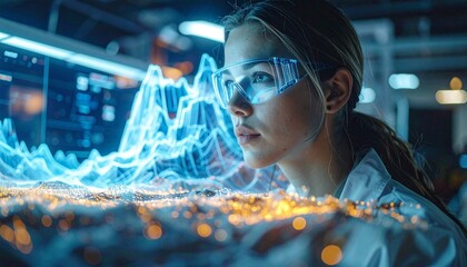 A sophisticated futuristic data visualization in a high-tech research laboratory. The blue holographic image and the blurred golden dots of light in the foreground create an atmosphere of innovation,s