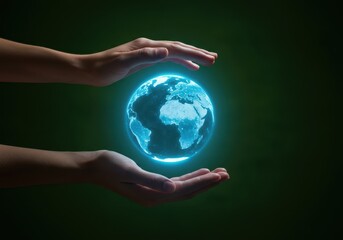 Adult hands gently cradle a glowing blue world globe set against a deeply blurred green background, representing conservation and global unity, environment, globe, unity