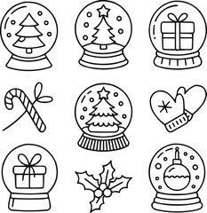 Festive Snow Globe Outline Icon Set  Christmas Tree, Snowflakes, and Winter Cheer