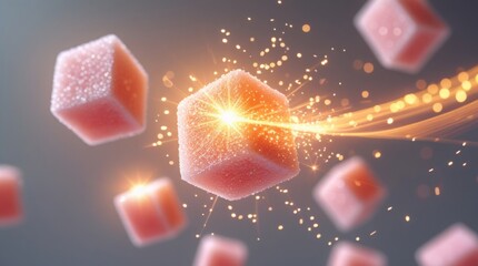  Dynamic motion-blur sugar cubes soar mid-air, radiating a warm glow, with soft light dancing across their crisp texture, emitting vibrant sugary energy bursts that shimmer and sparkle, as if infused 