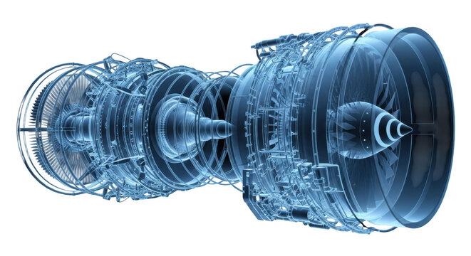 Detailed 3d rendering of an aerospace jet engine x-ray view