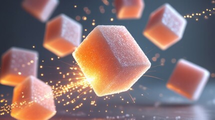  Dynamic motion-blur sugar cubes soar mid-air, radiating a warm glow, with soft light dancing across their crisp texture, emitting vibrant sugary energy bursts that shimmer and sparkle, as if infused 