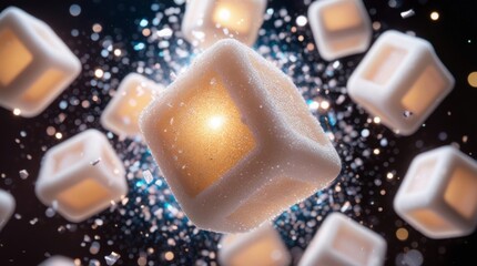 Floating sugar cubes are suspended in mid-air, frozen in dynamic motion, with a creamy texture that glistens in the light, surrounded by glimmering particles that catch the eye, and an explosive sweet