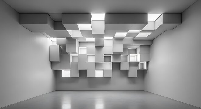 Empty square room with Geometric abstract ceiling pattern formed by cubes with design that subscribes to modern architecture