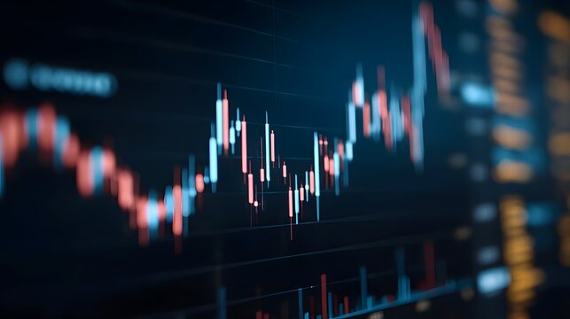 Close up of a blurred digital financial graph displaying market candlestick charts with red and blue indicators