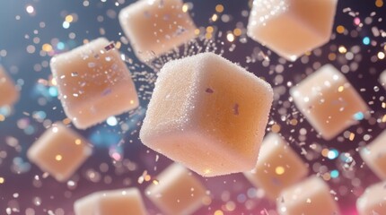 Floating sugar cubes are suspended in mid-air, frozen in dynamic motion, with a creamy texture that glistens in the light, surrounded by glimmering particles that catch the eye, and an explosive sweet