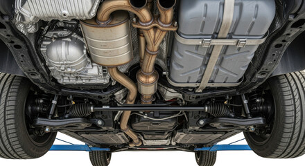Fototapeta premium Undercarriage view of modern car with exhaust, transmission, suspension
