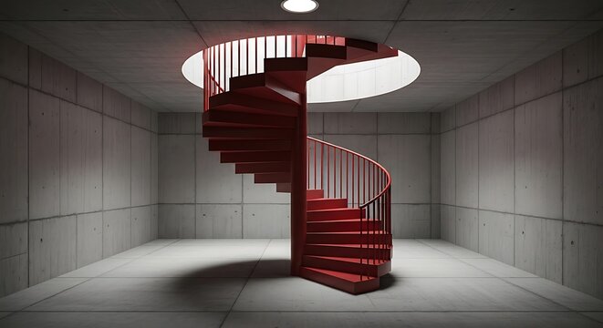Empty square room with red metal stairs in helix