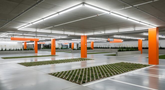 Empty square room with Vibrant and sustainable modern parking garage design featuring bright orange accents and energy-efficient lighting. The architecture optimizes space while integrating eco-friend