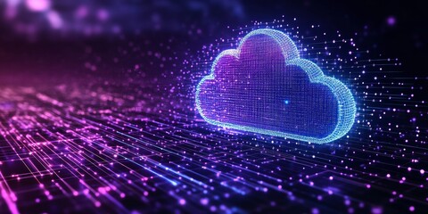 Code, internet, and big data connection focused on cloud storage and AI. The background features purple matrix patterns and network connectivity, representing the -edge field, Generative AI