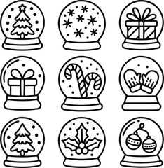 Festive Snow Globe Outline Icon Set  Christmas Tree, Snowflakes, and Winter Cheer