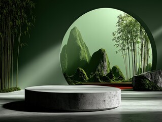 Minimalist Circular Display Podium with White Rock Texture in Zen-inspired Setting, Artificial Mountains and Bamboo with Natural Lighting
