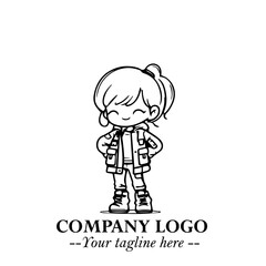 Black and White Chibi Girl Standing in Jacket, Pants, and Boots. Simple Bold Vector Illustration
