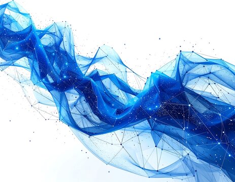 Abstract, flowing, blue translucent shapes are connected by a network of lines and dots, set against a white background - Powered by Adobe