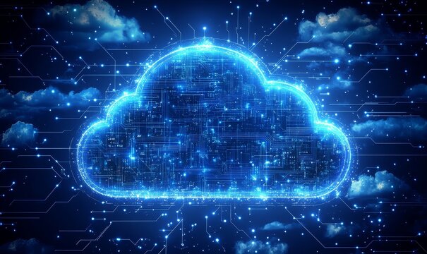 Cloud computing and global networking concept, emphasizing the future of communication and artificial intelligence. This visual incorporates digital lines, cloud motifs, Generative AI