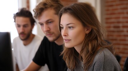 Three colleagues intently focused on a computer screen collaborating on a project in a modern office
