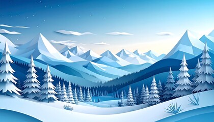 A serene landscape, showcasing a stylized winter vista with snow-capped peaks and evergreen trees, bathed in cool blue hues and soft light