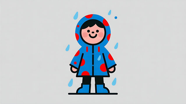 A cheerful child wearing a blue raincoat with red polka dots stands in the rain, smiling happily. Simple, cute, and colorful illustration.